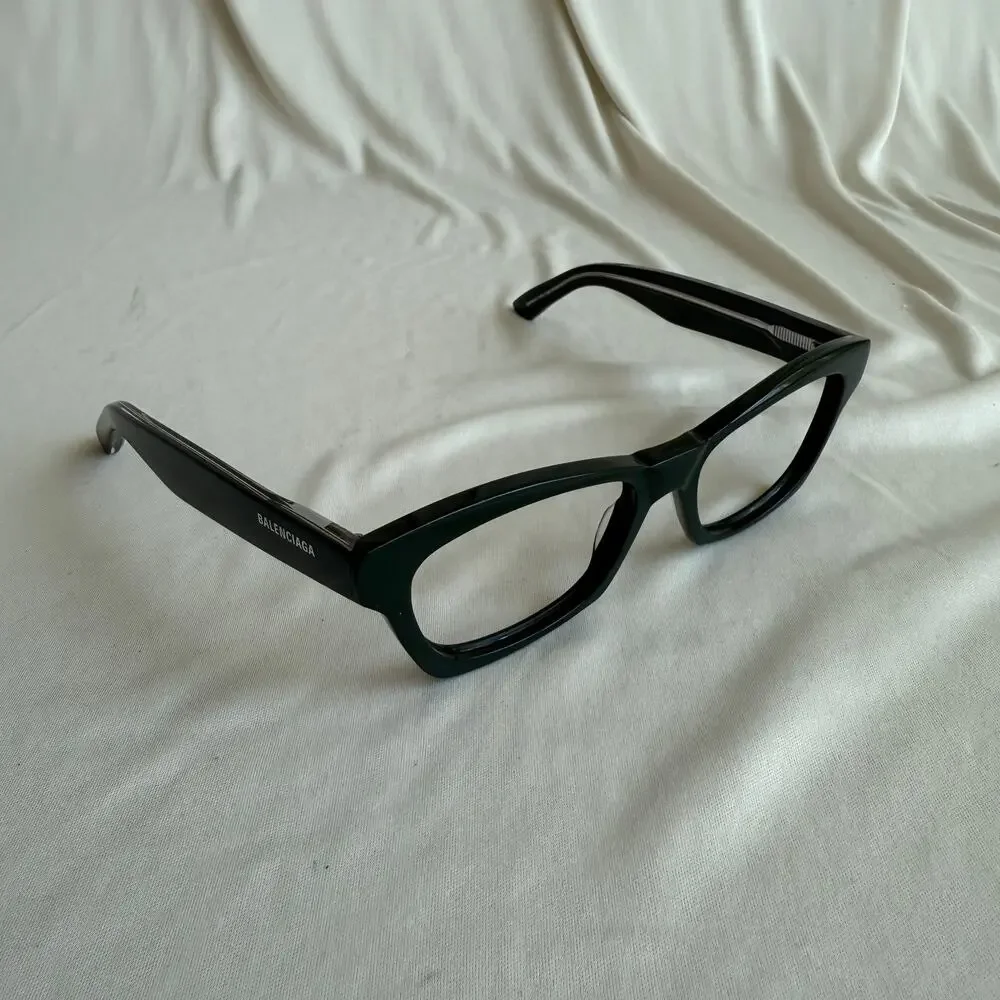 Balenciaga BB0242O Eyeglass Frames  - Shiny Dark Green Acetate, Logo Temples